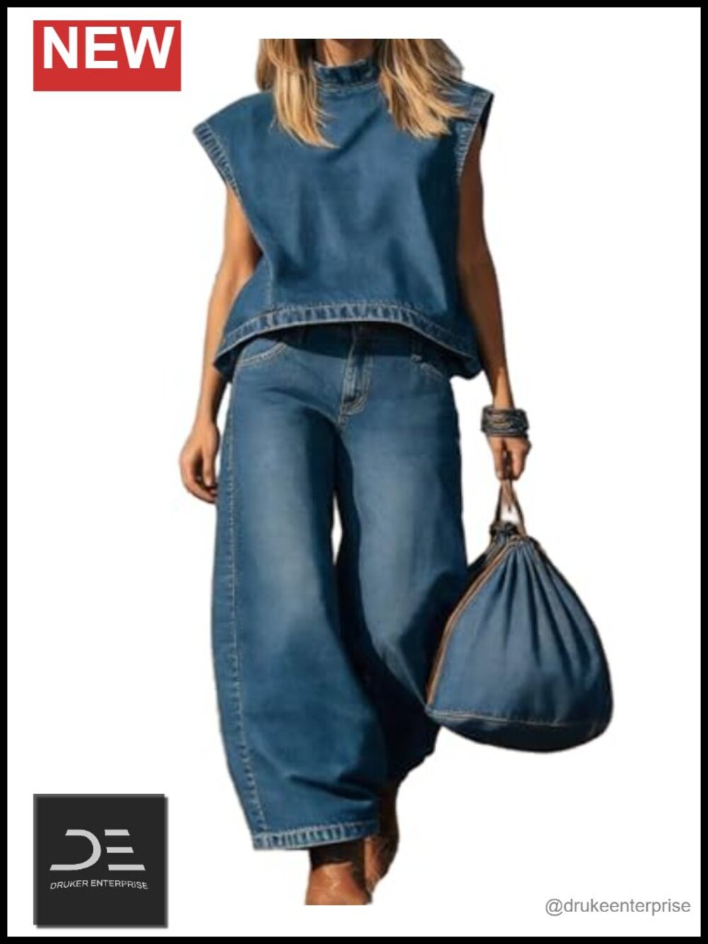 Women's Denim 2 Piece Set Sleeveless Top Wide Leg Jeans Y2K Streetwear